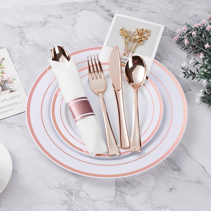 BESTVIP 350PCS Rose Gold Plastic Dinnerware Set, Disposable Party Plates for ...