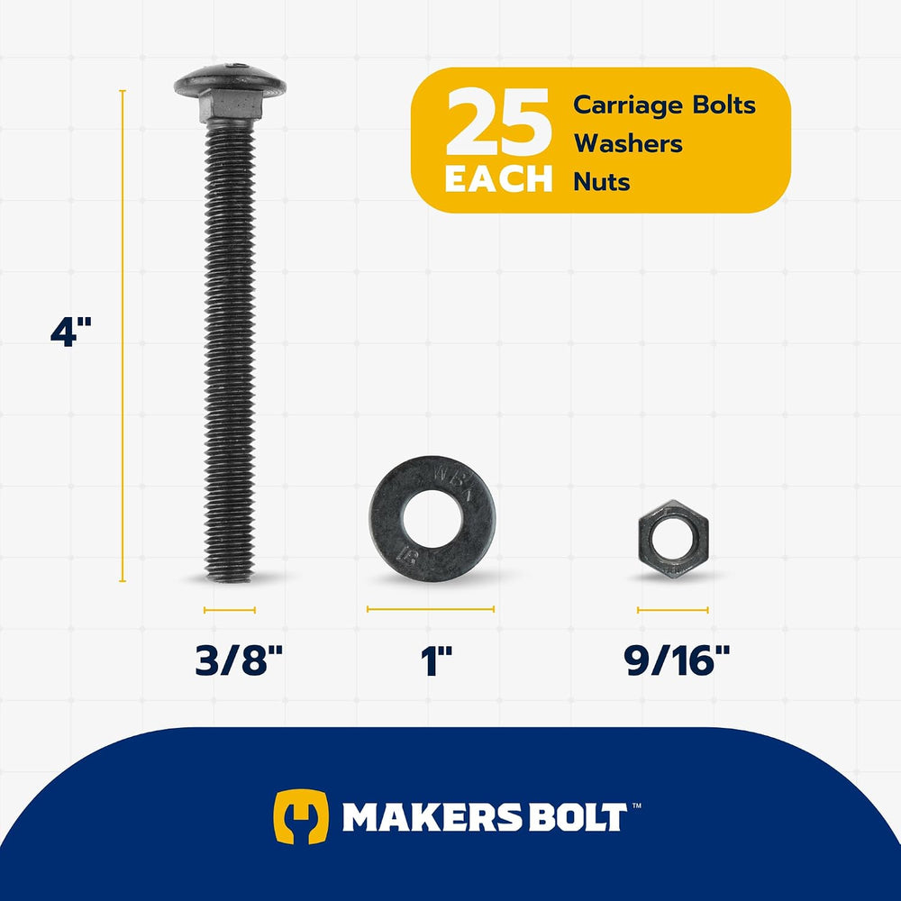3/8" x 4" (25 Pack) Black Carriage Bolt Kit, Grade 307A, Ceramic Co...