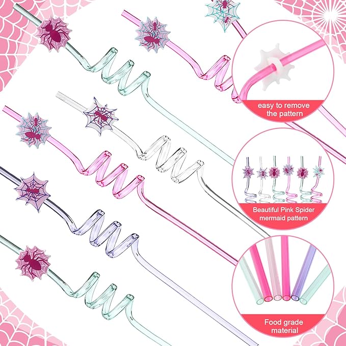 Yungyan 36 Sets Pink Spider Party Favors Goodie Cups with Lids and Straws for...