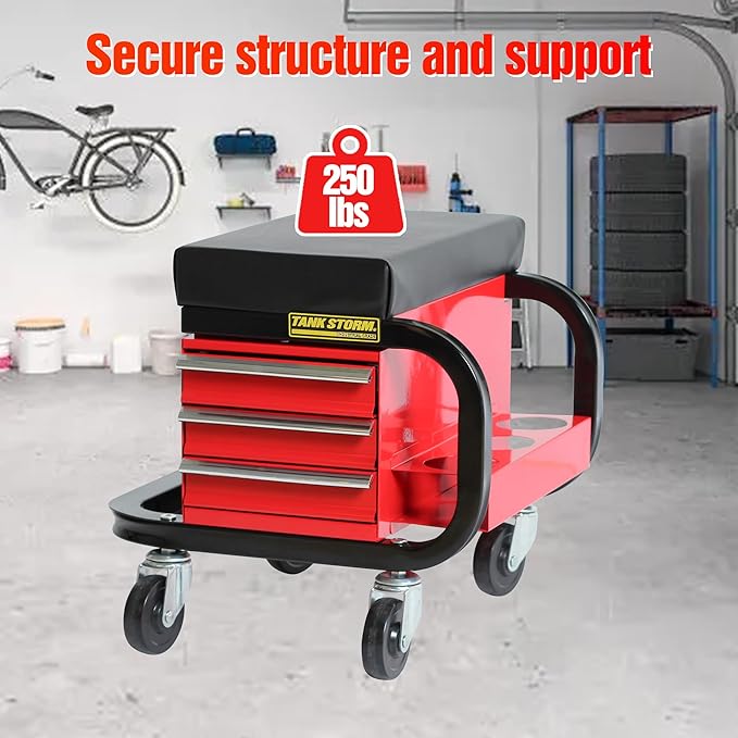 Tool Box Built-in Creeper Seat, Garage Shop Roller Seat, 3 Drawers Heavy Duty