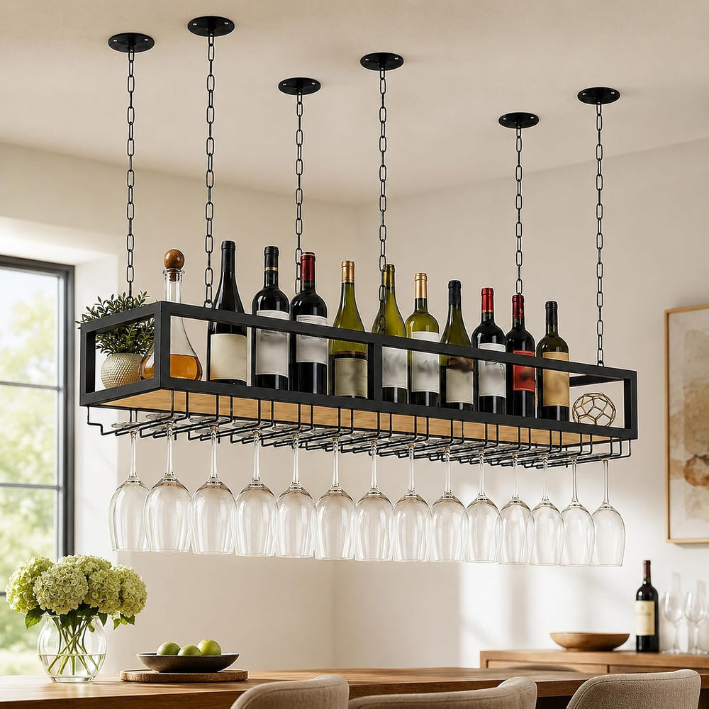 Ceiling Wine Glass Rack with Glass Holder, 55.1in Metal Hanging Bar Shelf
