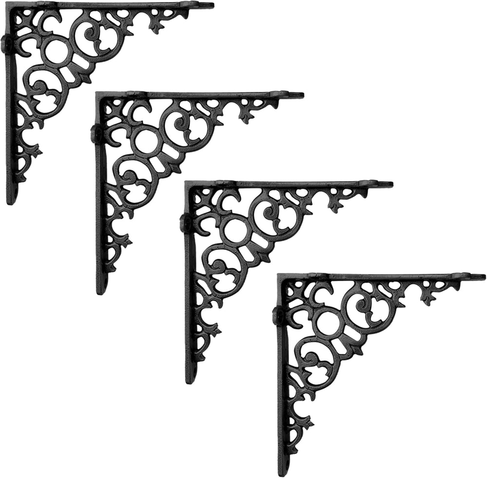 NACH Decorative Shelf Brackets, 4 Pack of 6 x 1.3 x 6 inch, Black Cast Iron S...
