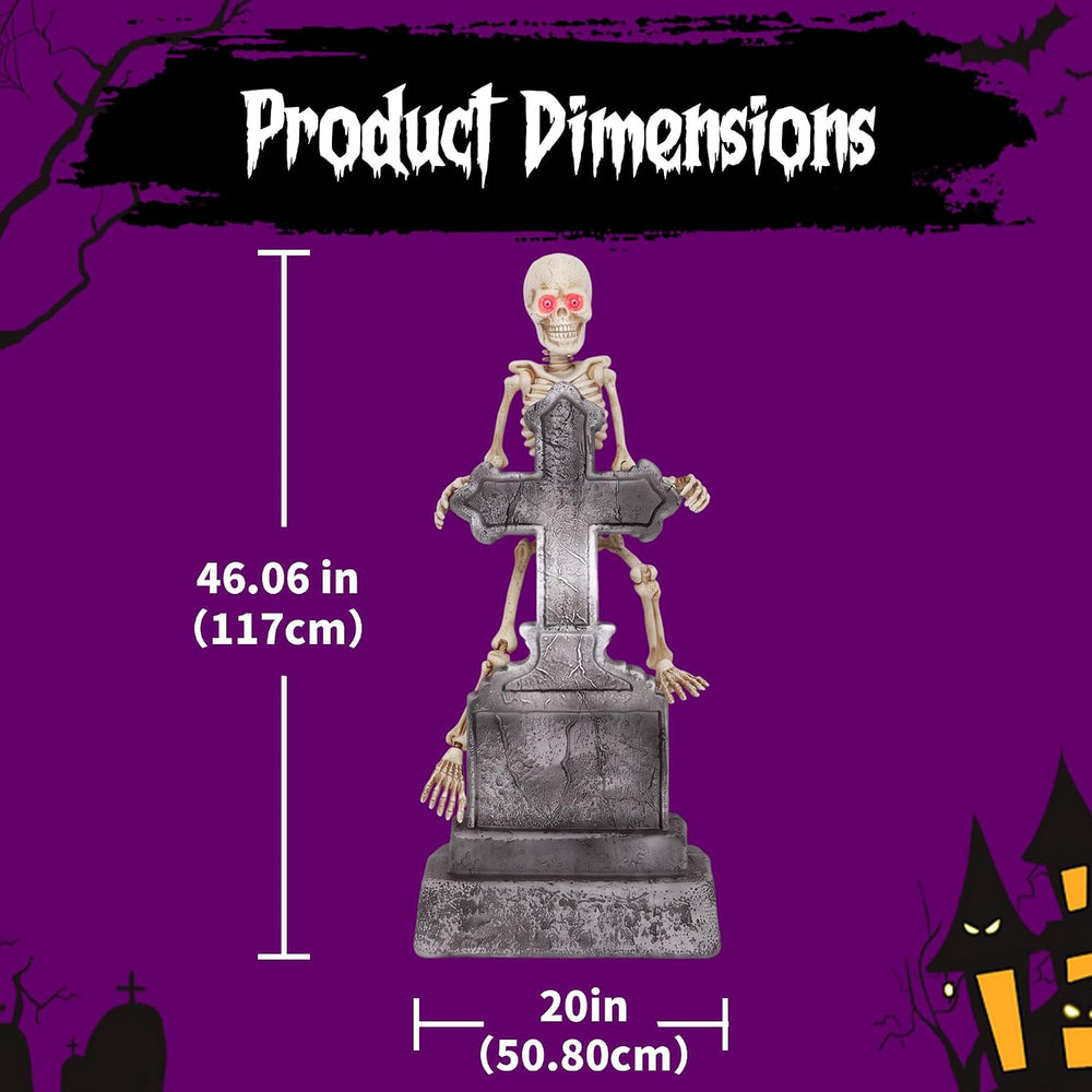 46" Halloween Animatronic Tombstone Decor, Sound‑Activated Swaying Skeleton
