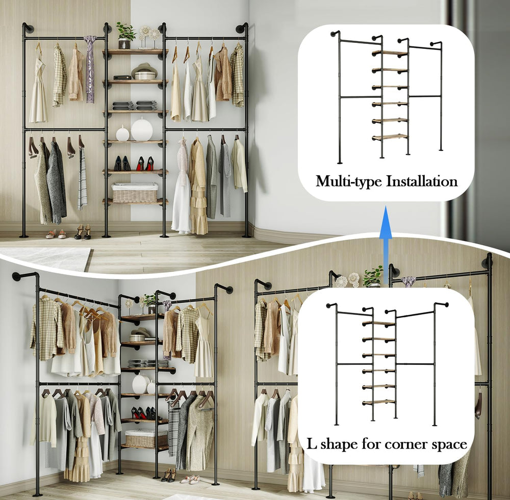 HKaikzo Wall Mounted Closet System 85" H×81" W, Industrial Pipe Clo...