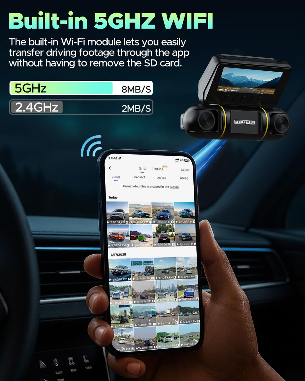 LAMTTO 4 Channel Dash Cam Front and Rear Inside,5GHz WiFi,128GB Card