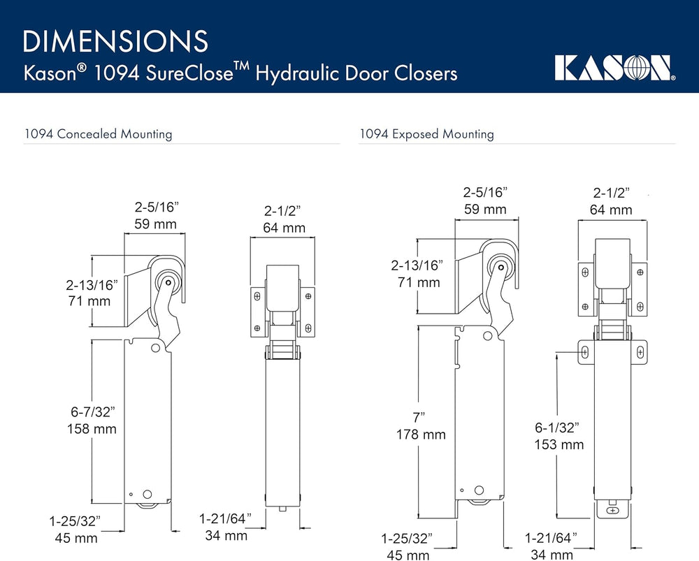 Kason 1094 SureClose Hydraulic Door Closer and Hook, Concealed Mounting, Adju...