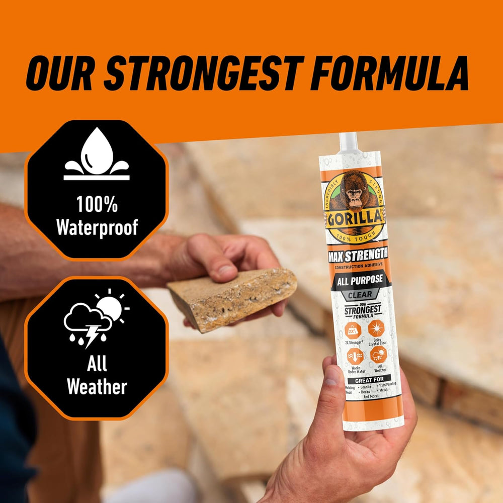 Gorilla Max Strength Construction Adhesive, Clear Glue, 9 Ounce Cartridge (Pa...