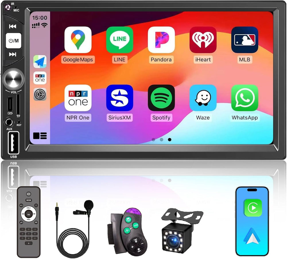 7” Wireless Apple CarPlay Double Din Car Stereo, FM Car Radio, IPS Touchscreen
