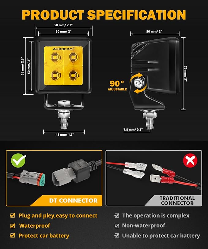 Auxbeam LED Pod Light, 2 Inch Amber Fog Light Offroad Cube Light Pods Focusing