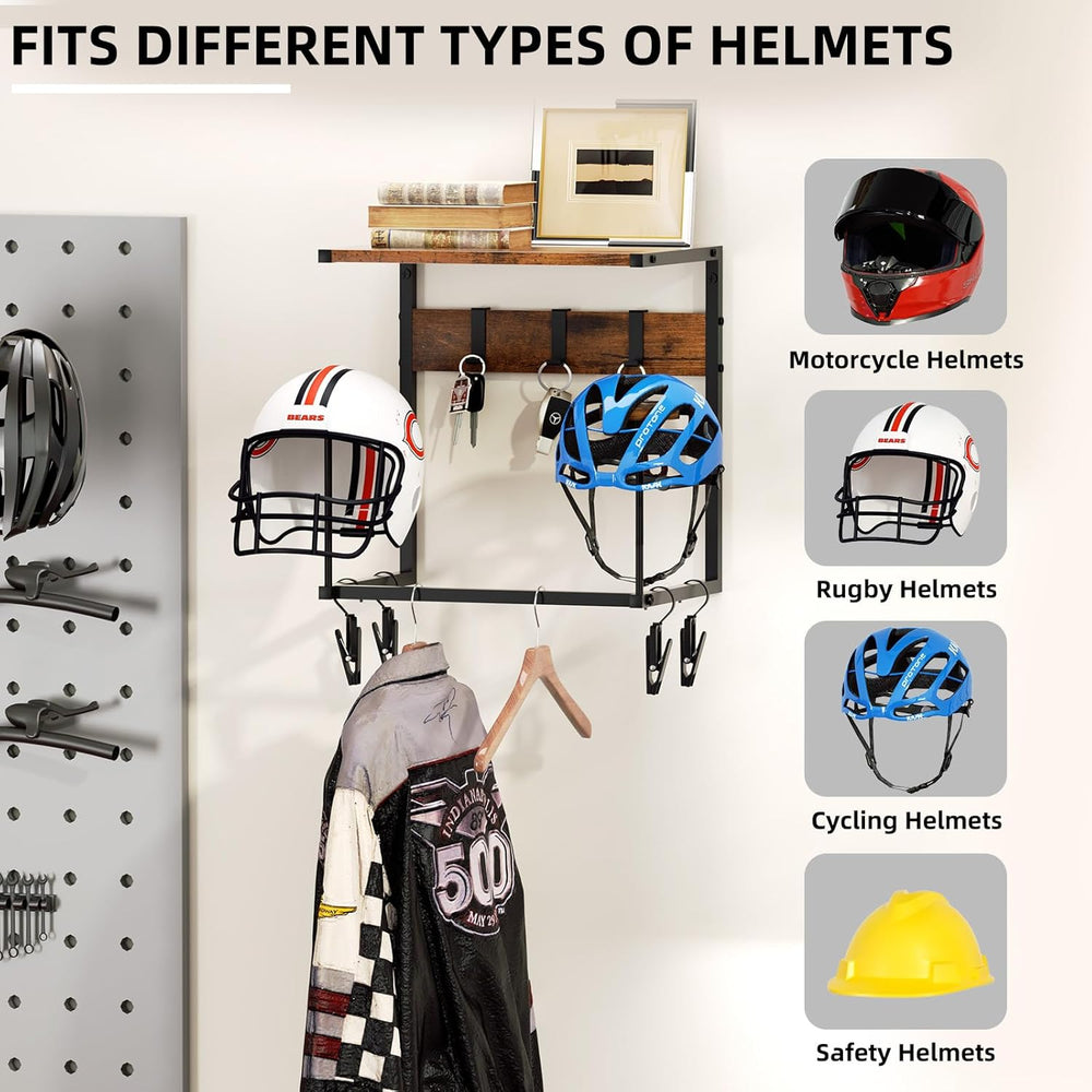 Urban Deco Motorcycle Helmet Holder Wall Mount Rack with 2 Hat Stands