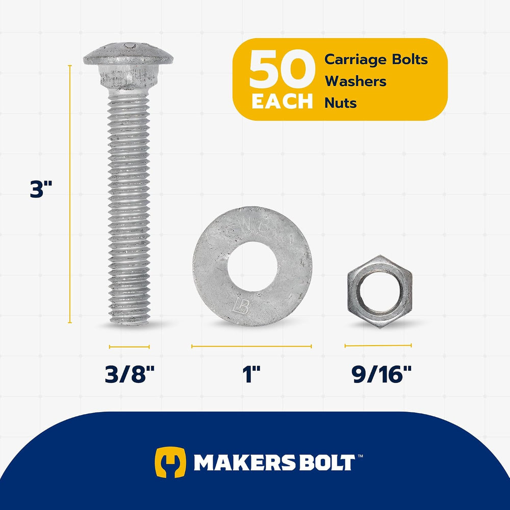 3/8" x 3" (50 Pack) Galvanized Carriage Bolt Kit, Grade 307A, Hot D...