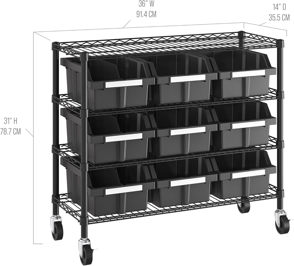 4-Tier NSF 9-Bin Steel Wire Shelving Rack, 36"W x 14"D x 31"H,...