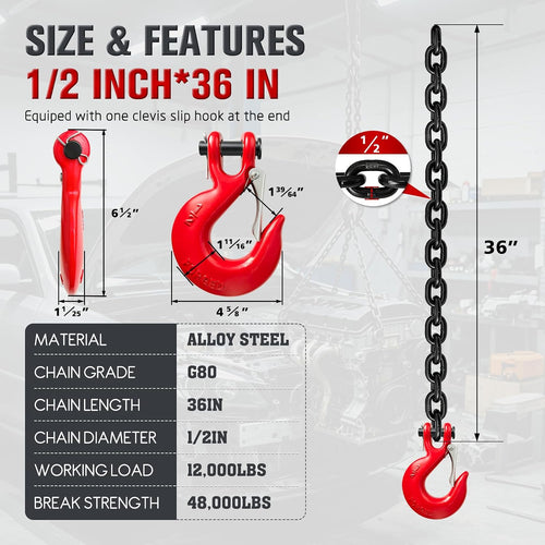 1/2" G80 Trailer Safety Chains with G70 Clevis Safety Hook,36" Tow Chains 12,000 lbs Working Load 48,000 lbs Break Strength Heavy Duty for Boat&Utility Trailers Truck Binding Chains(2 Pack,EP Black)