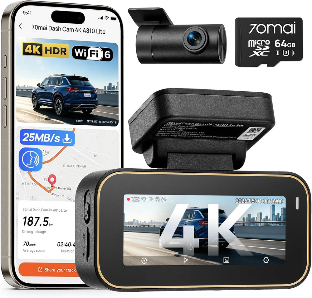 70mai A810 Lite 4K Dash Cam Front and Rear, 5GHz Wi-Fi 6 DashCam, Car Camera ...