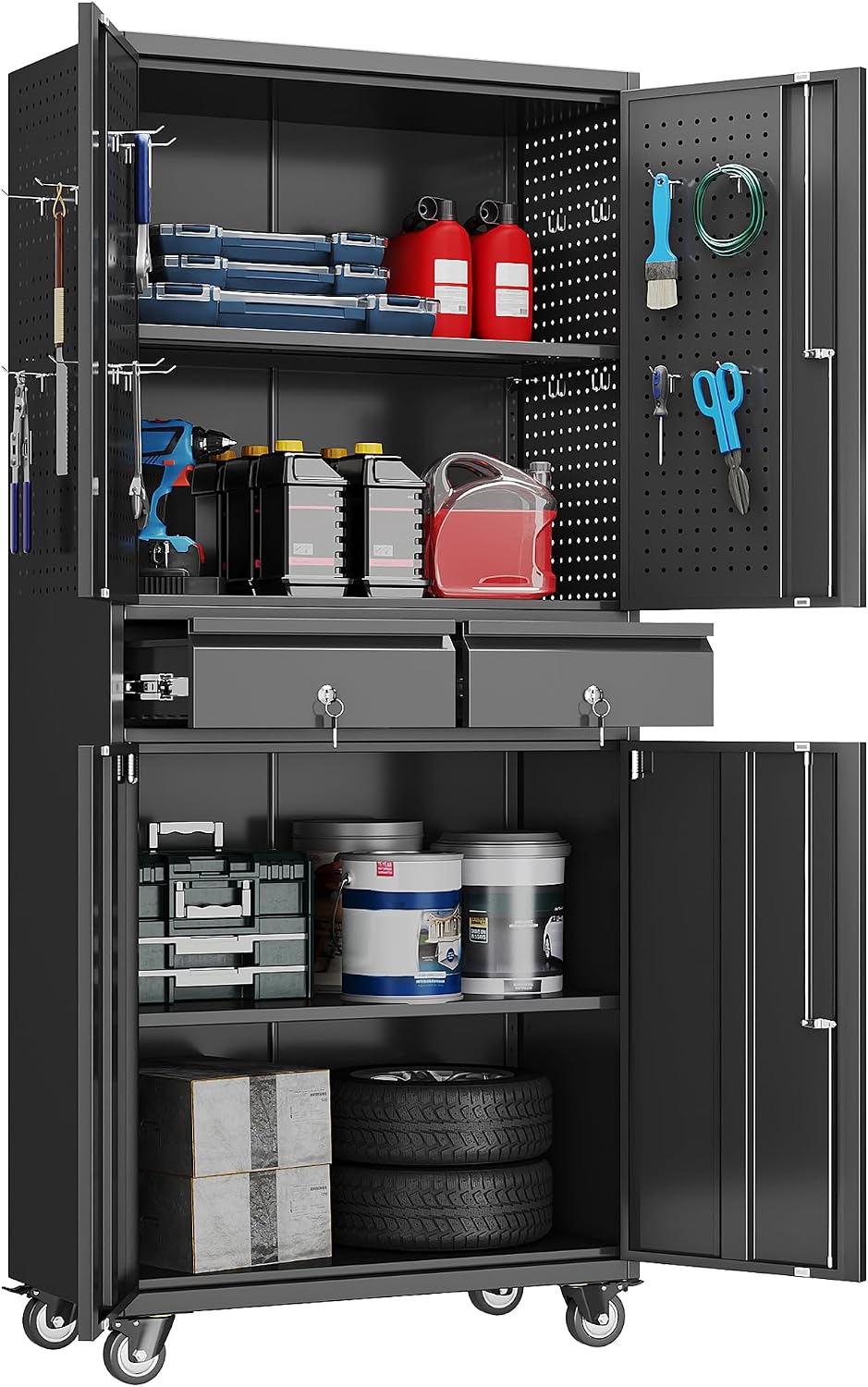 71-Inch Garage Storage Cabinet with 2 Drawers, Wheels and Pegboard