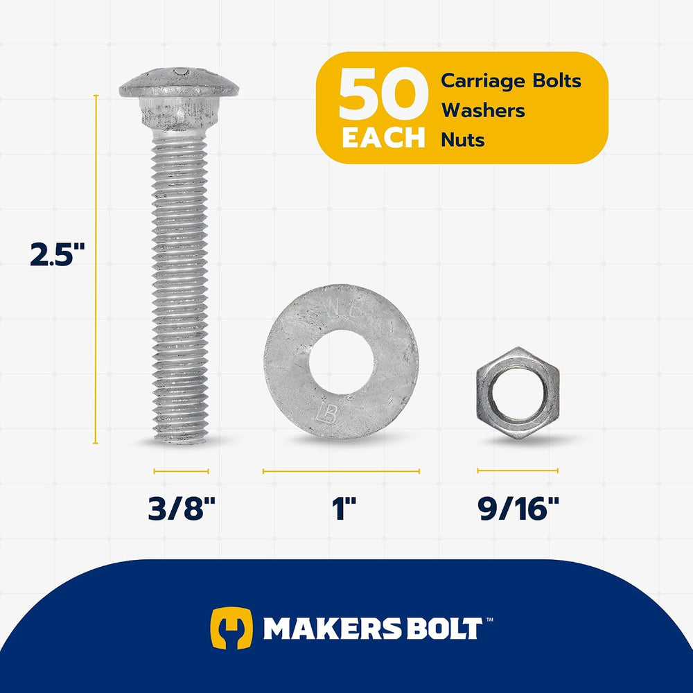 3/8" x 2-1/2" (50 Pack) Galvanized Carriage Bolt Kit, Grade 307A, H...