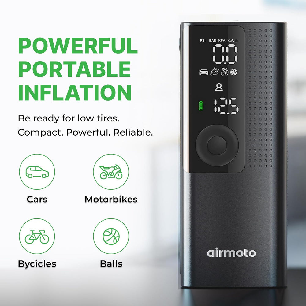 Airmoto Portable Tire Inflator and Car and Home Charger Bundle