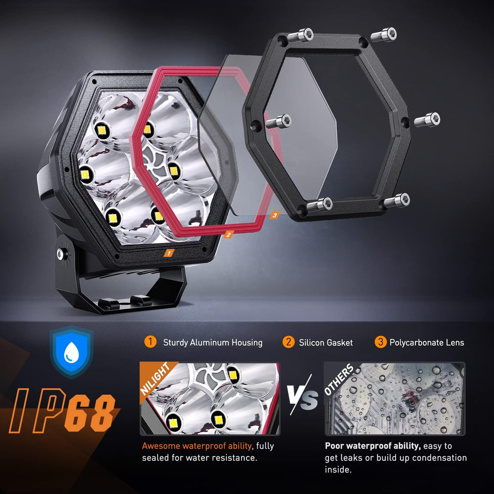 Nilight 4 Inch Hexagon 30 W 2600LM 10° Super Spot LED Pod Lights with DRL