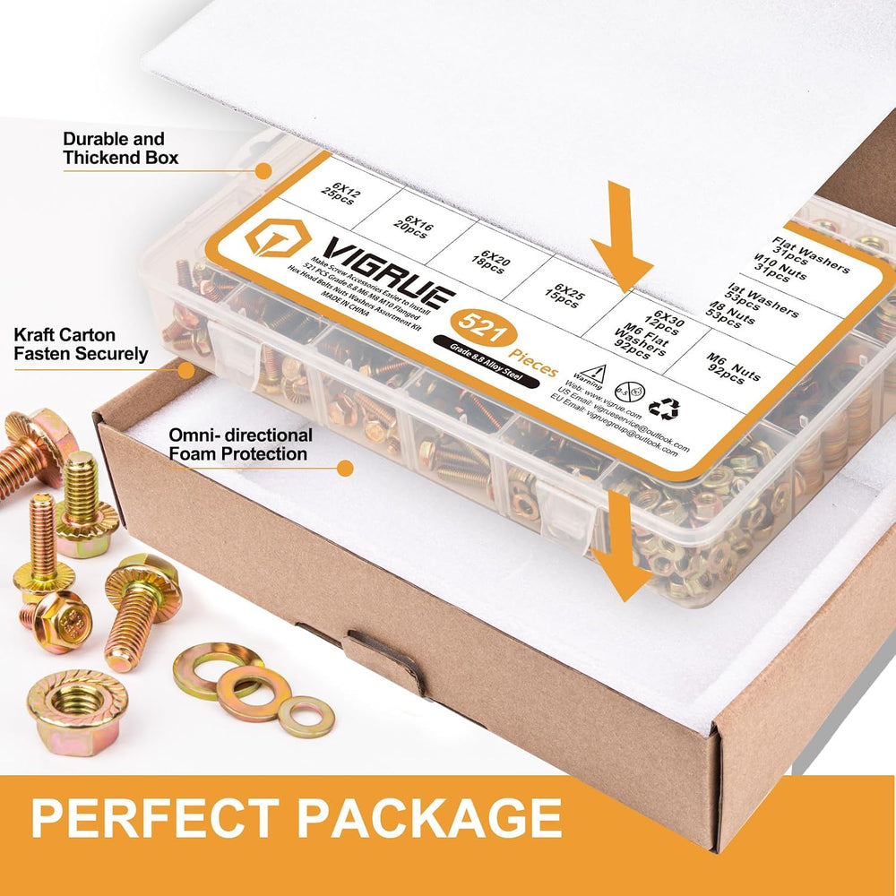 VIGRUE 521PCS M6 M8 M10 Flange Bolts Assortment Kit Metric Class 8.8 Serrated...