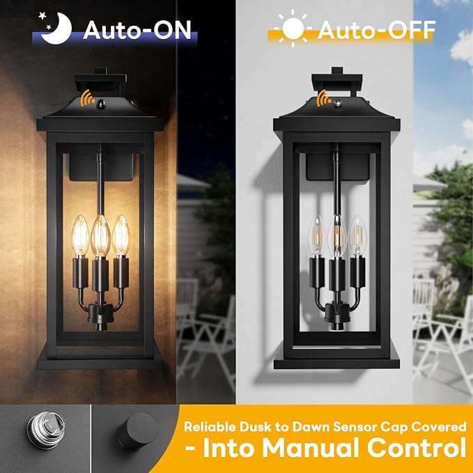 20" Large Dusk to Dawn Exterior Wall Light Fixture 3-Light, Waterproof M...