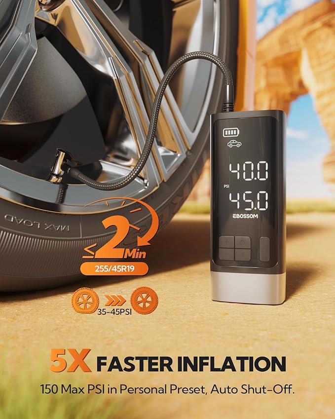 Portable Tire Inflator with Dual-Cylinder, 5 x Fast Inflation Car Air