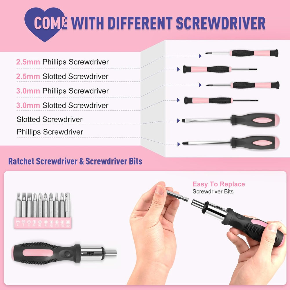Sundpey 148 Pcs Portable Basic Hand Repair Home Tool Kit Set with Case Pink
