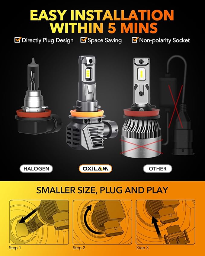 OXILAM M5S H11 9005 Light Bulbs Combo, 80000LM 900% Brighter 6500K Cool White...