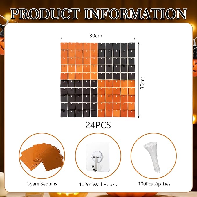 24PCS Black Orange Shimmer Wall Backdrop, Halloween Square Sequin Photo Backd...