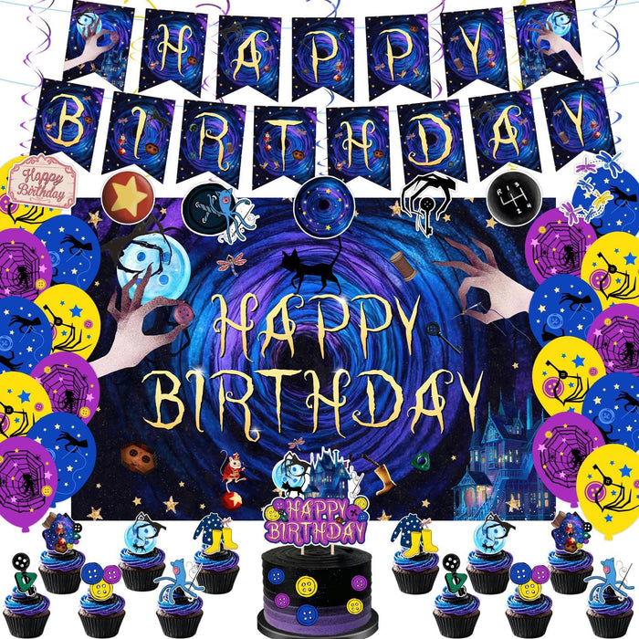 40Pcs Horror Birthday Party Decorations Blue Purple Theme Birthday Party Supplies Including Banner Hanging Swirls Balloons Backdrop Cake Toppers and Cupcake Toppers for Halloween Parties Decorations