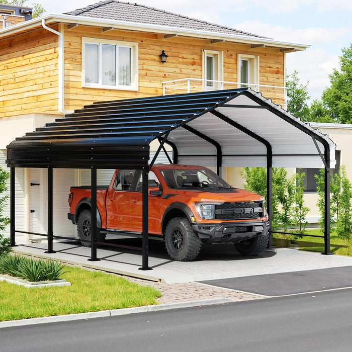 JY QAQA 12 x 15 FT Metal Carport Kits with Galvanized Steel Roof, Heavy Duty Metal Carport Canopy, Outdoor Car Tent Garage Shelter for Car, SUV, Truck and Boats