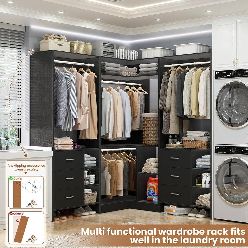 Aheaplus Closet System with 6 Drawers, 4 Hanging Rods & Corner Tower, Cor...