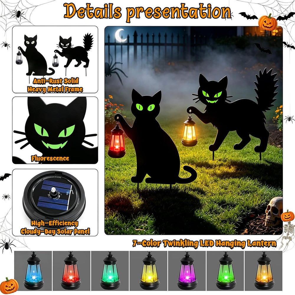 Halloween Spooky 2 Types Black Cat Yard Signs with Lantern(2PCS)