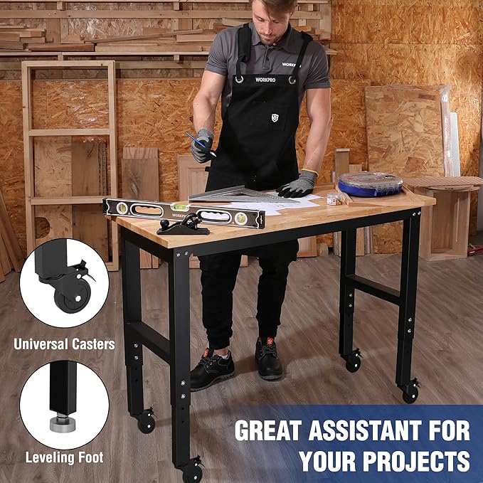 WORKPRO Garage Workbench, Rubber Wood Top Work Desk