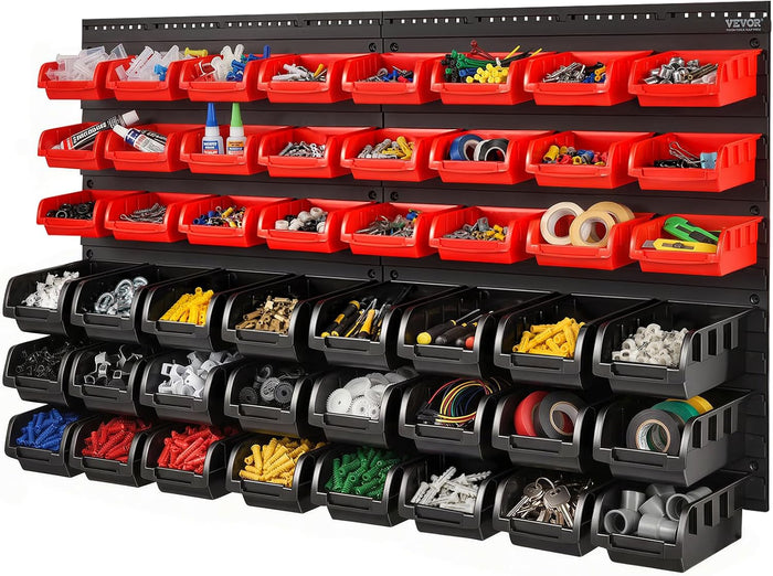 VEVOR 48-Bin Wall Mounted Storage Bins Parts Rack Organizer Garage Shop Tool Organizer for Screws, Nuts, Bolts, Nails, Beads, and Small Hardware Parts, With Wall Panels