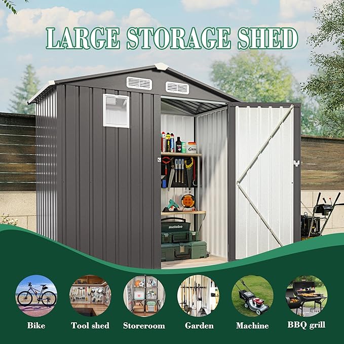 6x3.6FT Outdoor Storage Shed, Galvanized Steel Garden Shed