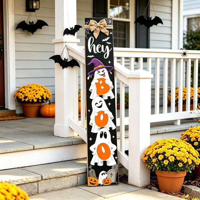 Wooden Boo Halloween Porch Sign Stand for Front Door, 47" Terrifying Cute Ghost Door Sign Wall Hanging for Outdoor Patio Garden, Vertical Tall Halloween Porch Leaner Decor