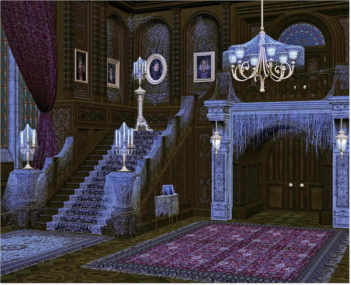 Allenjoy 10x8ft Halloween Haunted House Backdrop Middle Ages Retro Spooky Deserted Spider Web Stairs Background Decor Photography Photoshoot Studio Booth Props