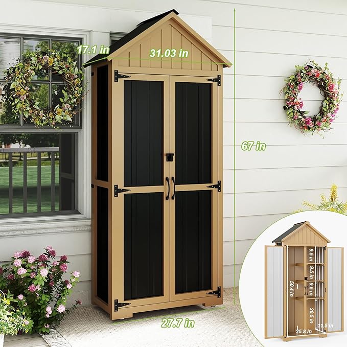 Outdoor Storage Cabinet with Shelf, Wood & Metal Storage Shed with Lockable