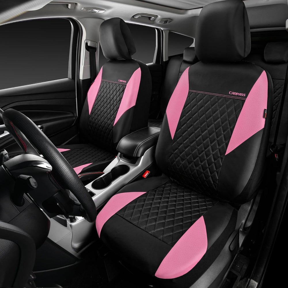 CAR PASS Pink Leather Seat Covers,Girly Quilting Pretty Cute Car Seat Cover w...
