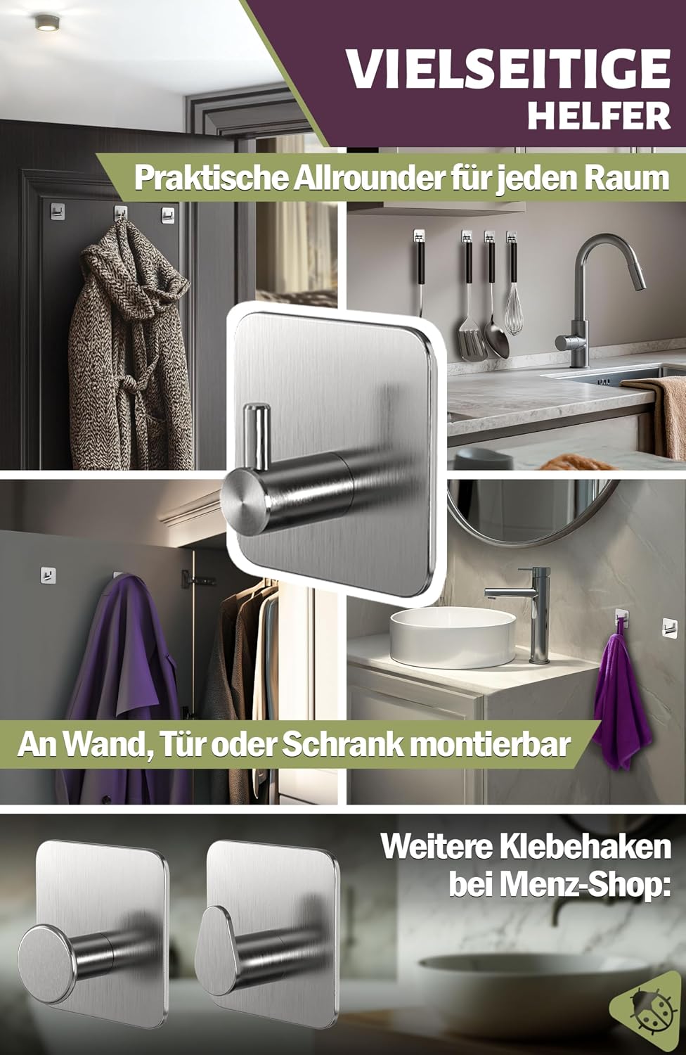 Menz Towel Rail No Drilling Classic Adhesive Hooks Set of 6 Silver