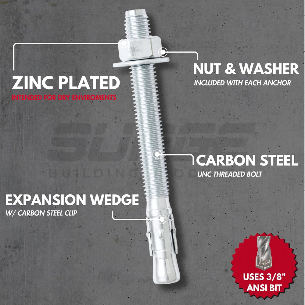 3/8" x 3" Zinc-Plated Wedge Anchors for Concrete & Cement (Box ...