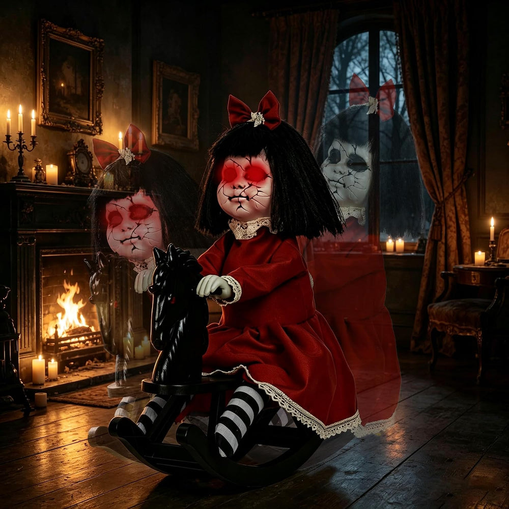 Hourleey Halloween Animatronics Decorations, Sound Activated Girl Doll on Roc...