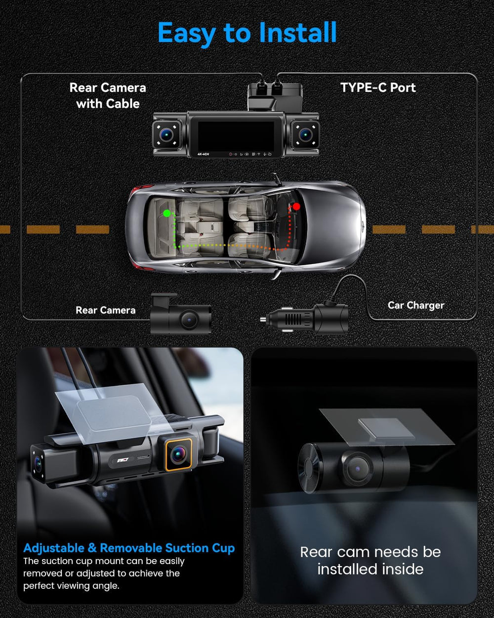 IIWEY N7 PRO 4K STARVIS 4-Channel Dash Cam 360° View, 8-IR Night Vision