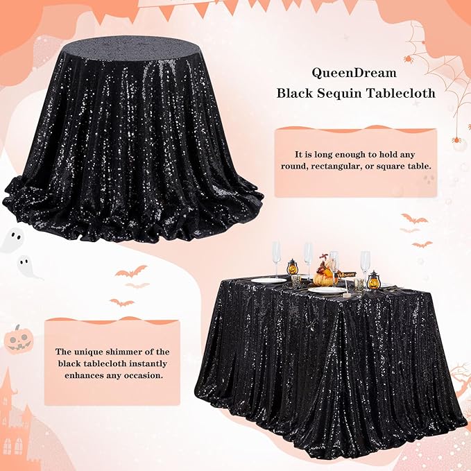 QueenDream Seamless Sequin Tablecloth 90x132 Inch Black Rectangular Tableclot...