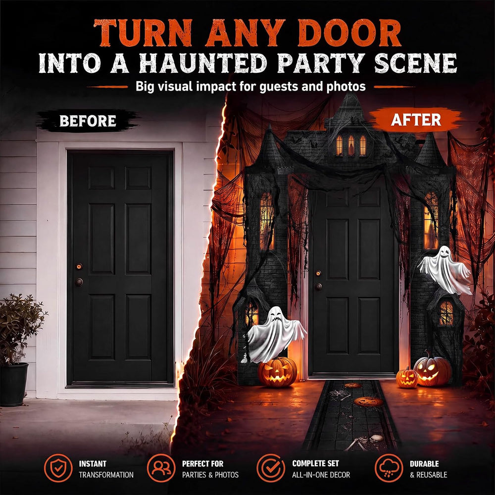 VitalCozy 7 Pcs Halloween Party Decorations Haunted House Castle Backdrop