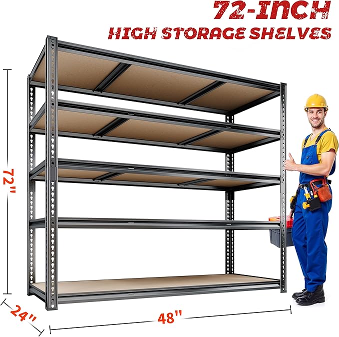 48"W Garage Shelving, 2650LBS Storage Shelves heavy duty, 5 Tier Metal S...