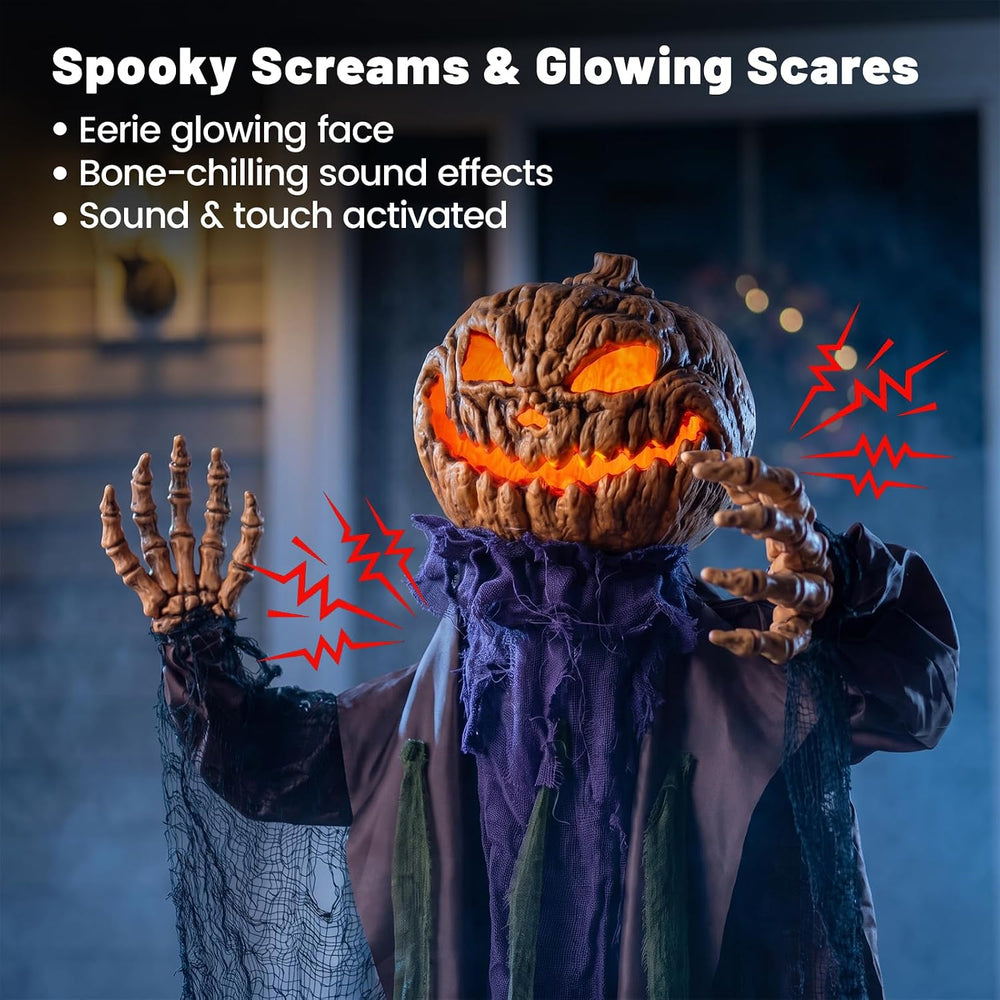 6FT Life-Size Standing Halloween Pumpkin Animatronic with Lights & Sounds