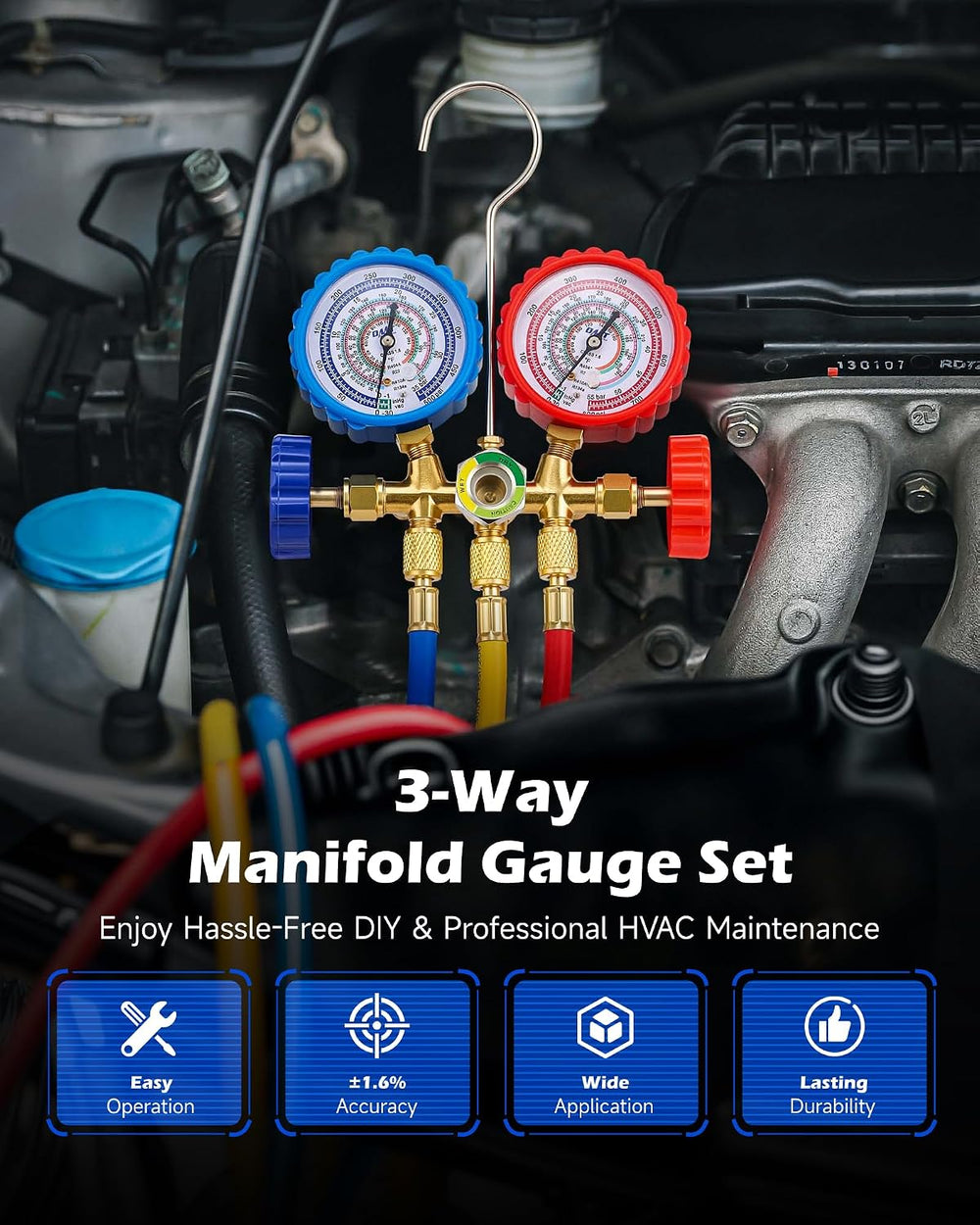 OMT 3-Way AC Gauge Set for R134a R410A R404A R22, 5ft Hoses