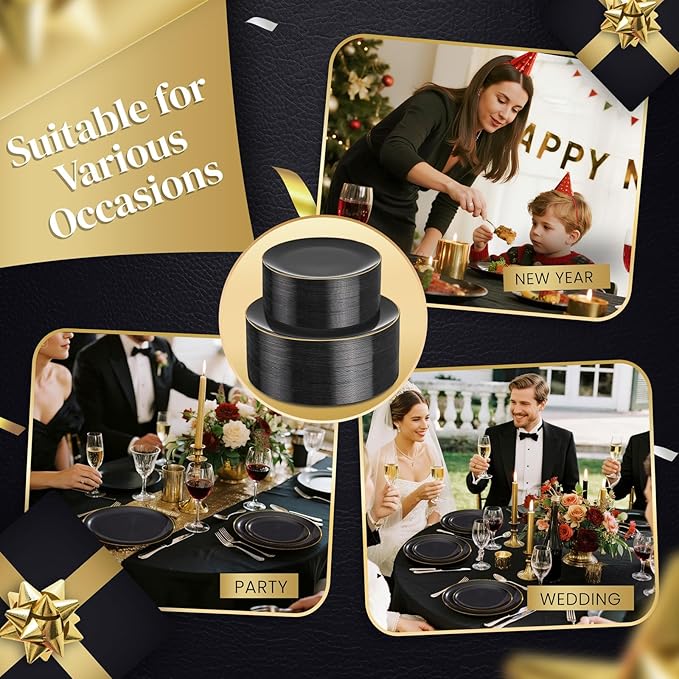 KIRE 175Pcs Black Plates Disposable - Heavy Duty Black and Gold Plastic Plate...