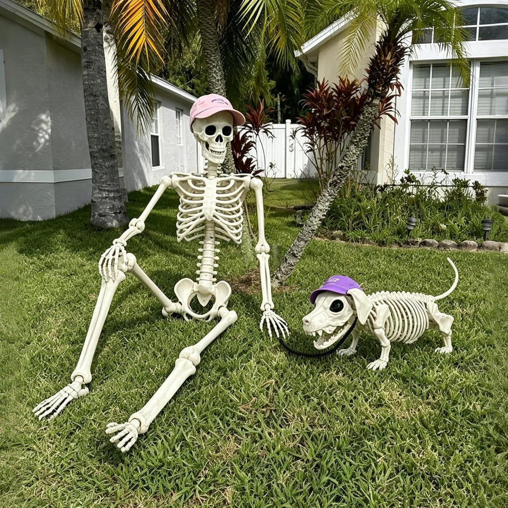 36'' Halloween Skeleton Decoration with Dog: Posable Skeleton Glowing...